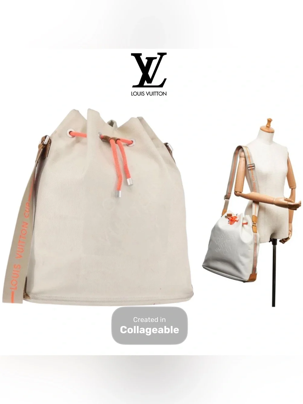 👜 LOUIS VUITTON Cream Canvas Drawstring Bucket Bag Damier Geant White Coral